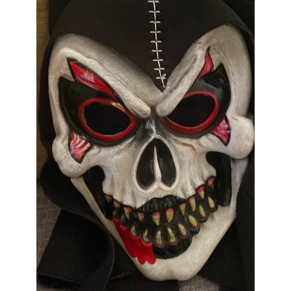 Vintage Fun World Joker Skull Mask Hooded Halloween Costume Rare Black Red White